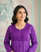 Mul Chanderi Handcrafted Chikankari Kurta Straight Fit - Royal Purple - ADNEET