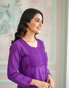 Mul Chanderi Handcrafted Chikankari Kurta Straight Fit - Royal Purple - ADNEET