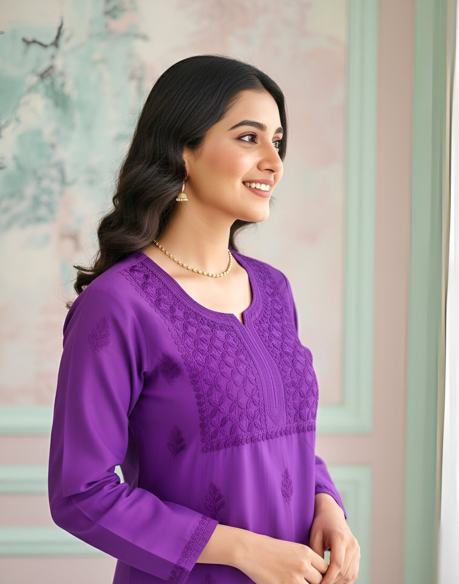 Mul Chanderi Handcrafted Chikankari Kurta Straight Fit - Royal Purple - ADNEET