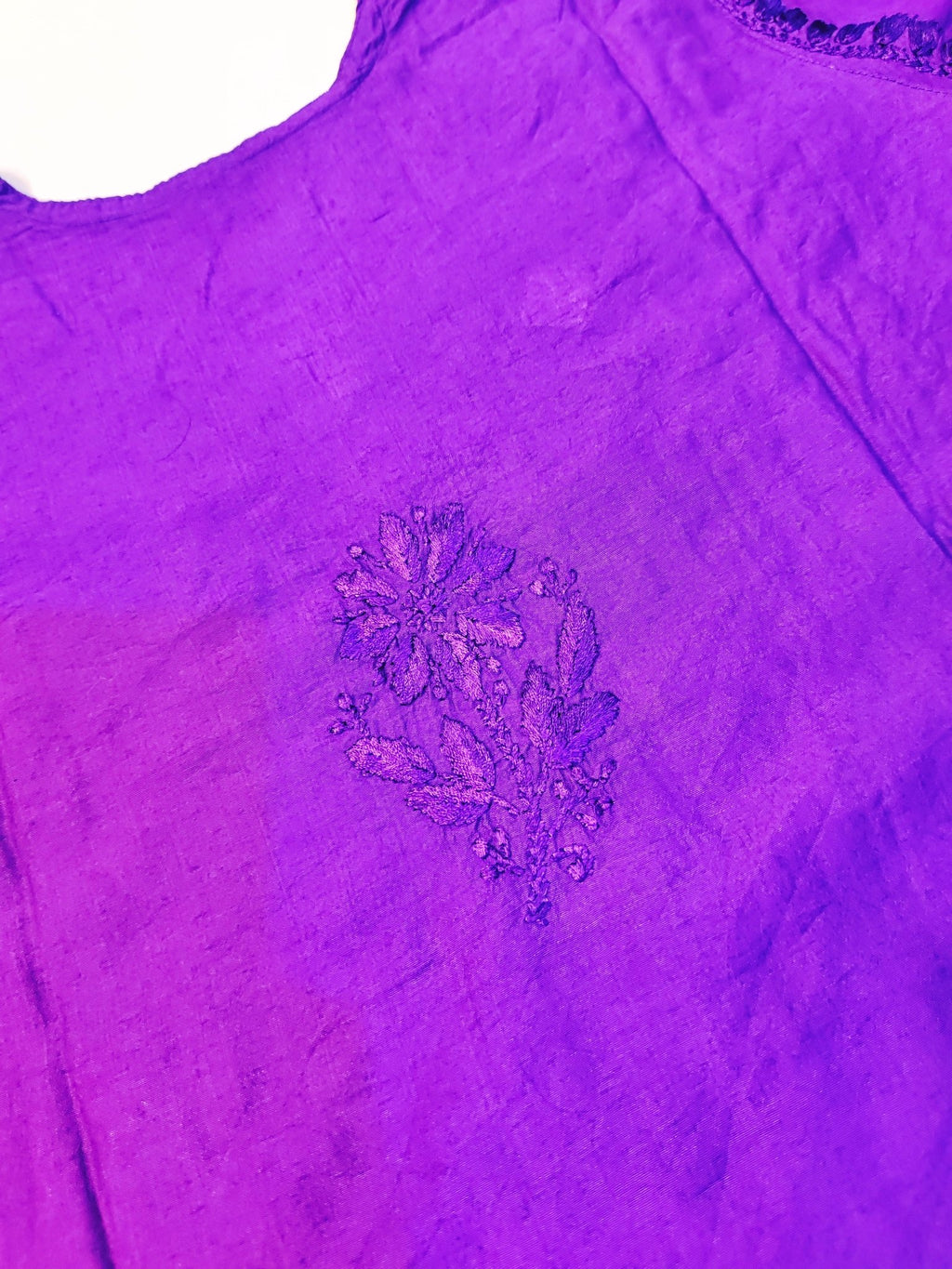 Mul Chanderi Handcrafted Chikankari Kurta Straight Fit - Royal Purple - ADNEET