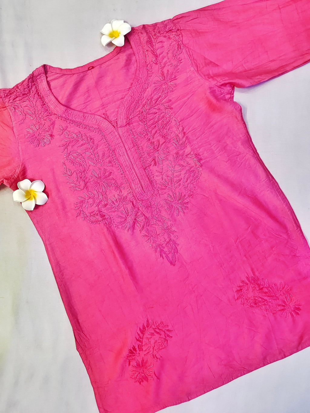 Mul Chanderi Handcrafted Chikankari Ombre Short Kurta - Rose Pink - ADNEET
