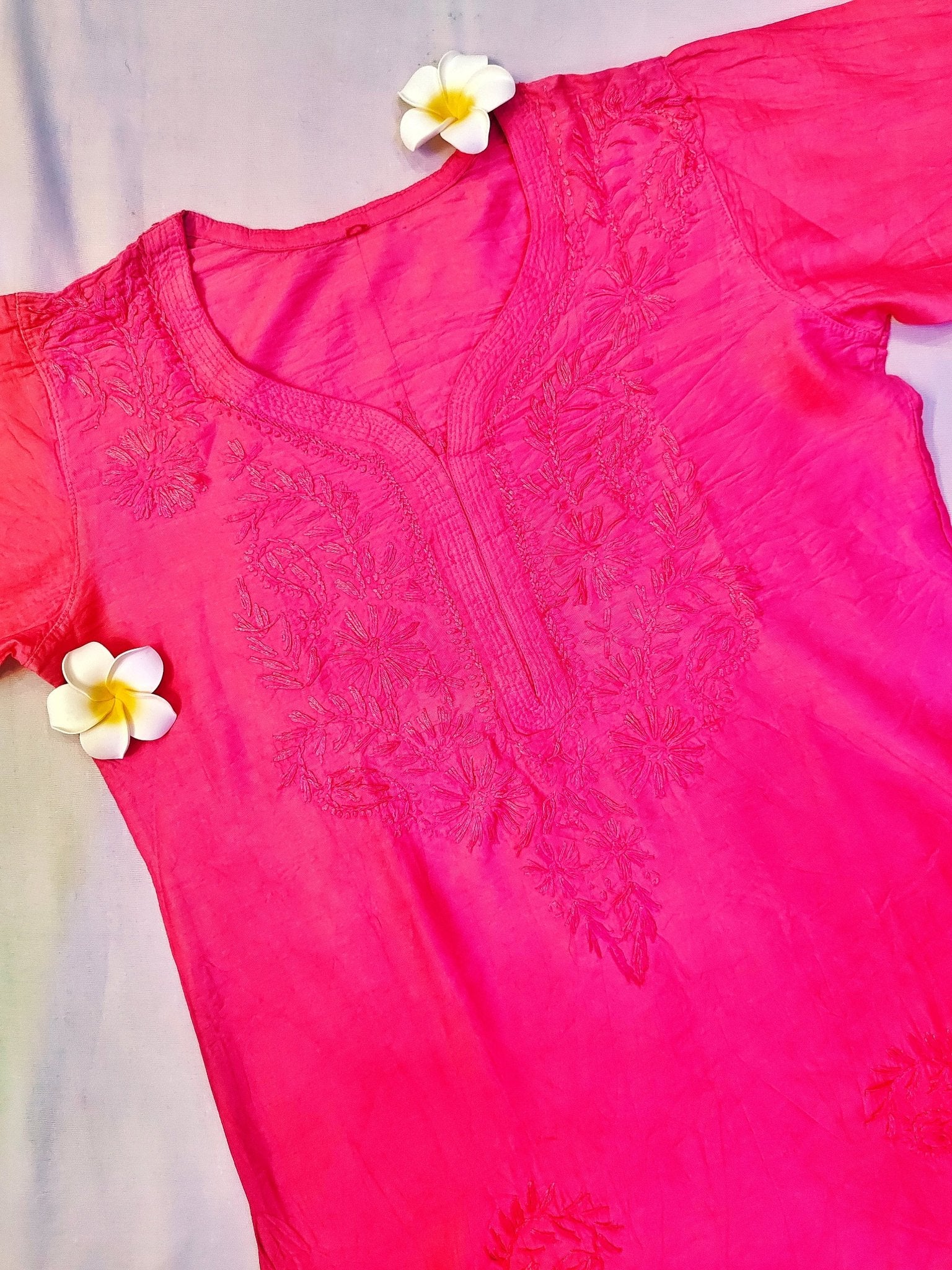 Mul Chanderi Handcrafted Chikankari Ombre Short Kurta - Rose Pink - ADNEET