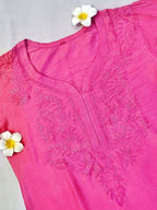 Mul Chanderi Handcrafted Chikankari Ombre Short Kurta - Rose Pink - ADNEET