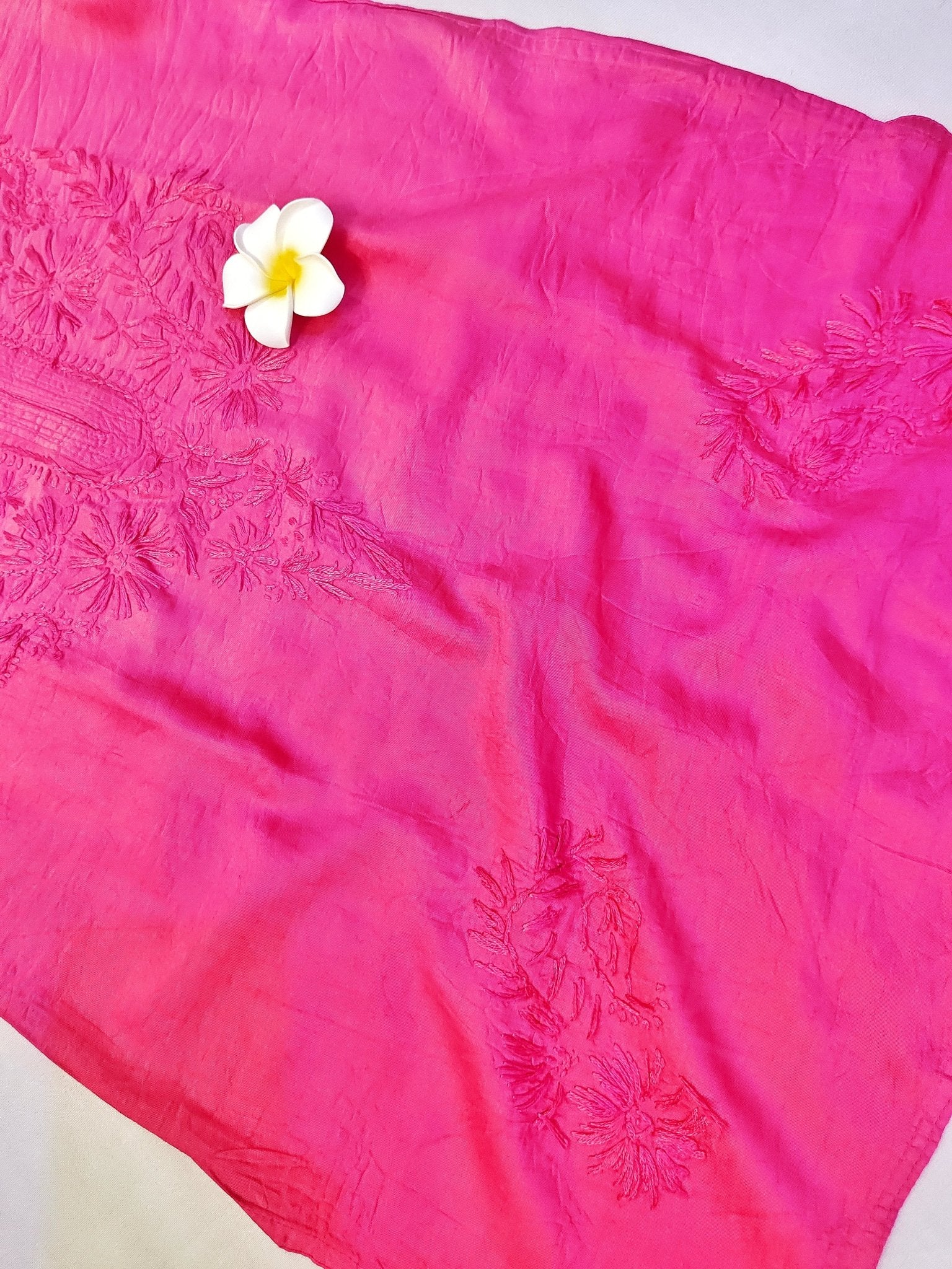 Mul Chanderi Handcrafted Chikankari Ombre Short Kurta - Rose Pink - ADNEET