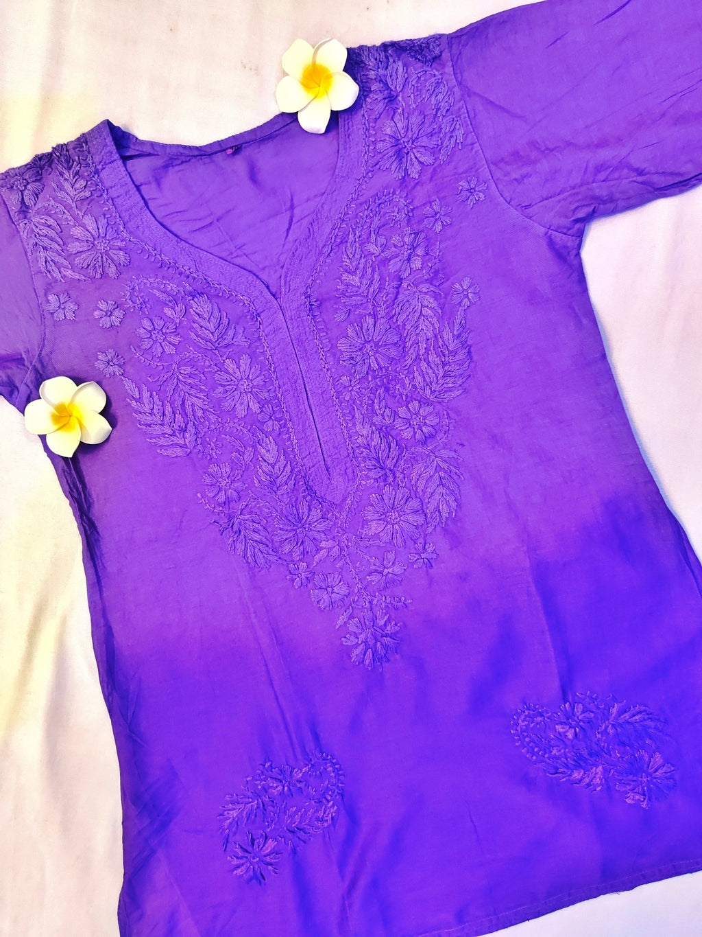 Mul Chanderi Handcrafted Chikankari Ombre Short Kurta - Twilight Violet - ADNEET