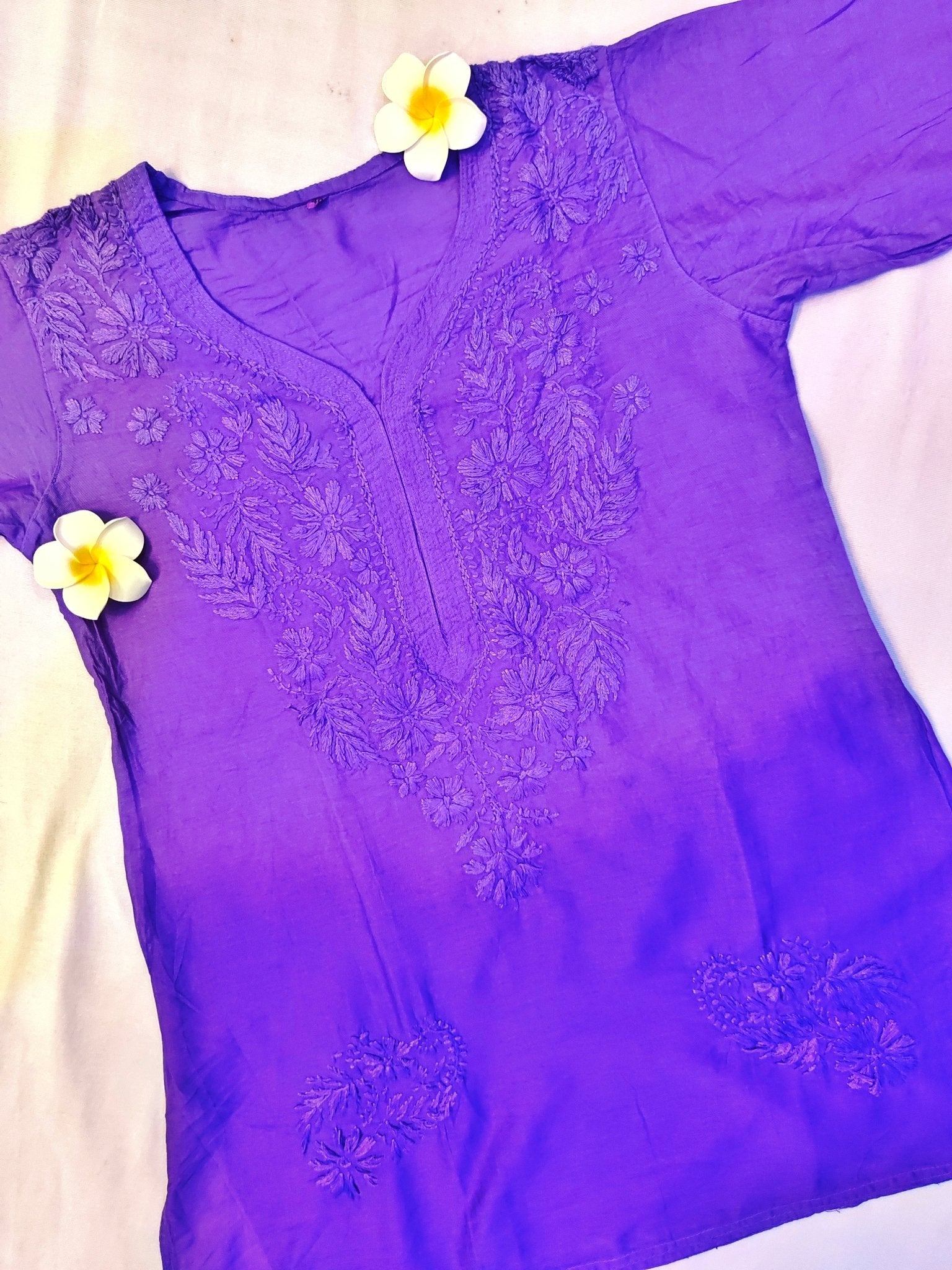 Mul Chanderi Handcrafted Chikankari Ombre Short Kurta - Twilight Violet - ADNEET