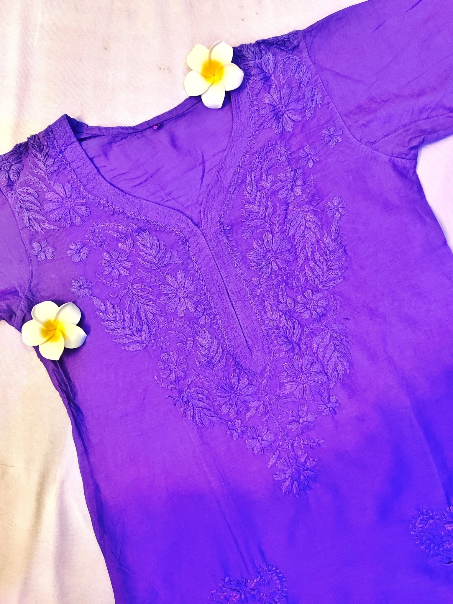 Mul Chanderi Handcrafted Chikankari Ombre Short Kurta - Twilight Violet - ADNEET