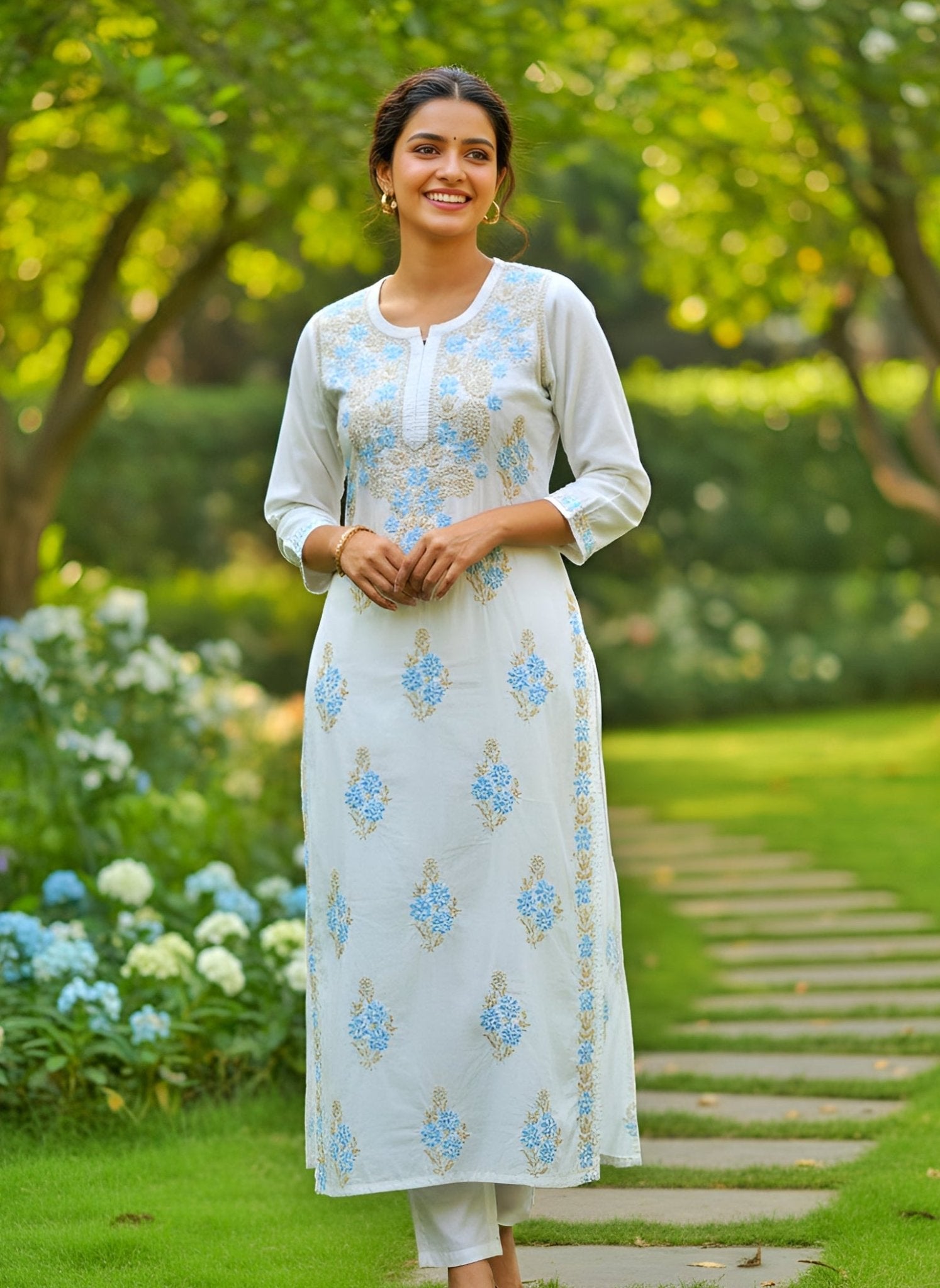 Mul Cotton Handcrafted Chikankari Kurta Straight Fit - Blue & Yellow - ADNEET