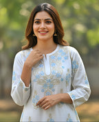 Mul Cotton Handcrafted Chikankari Kurta Straight Fit - Blue & Yellow - ADNEET