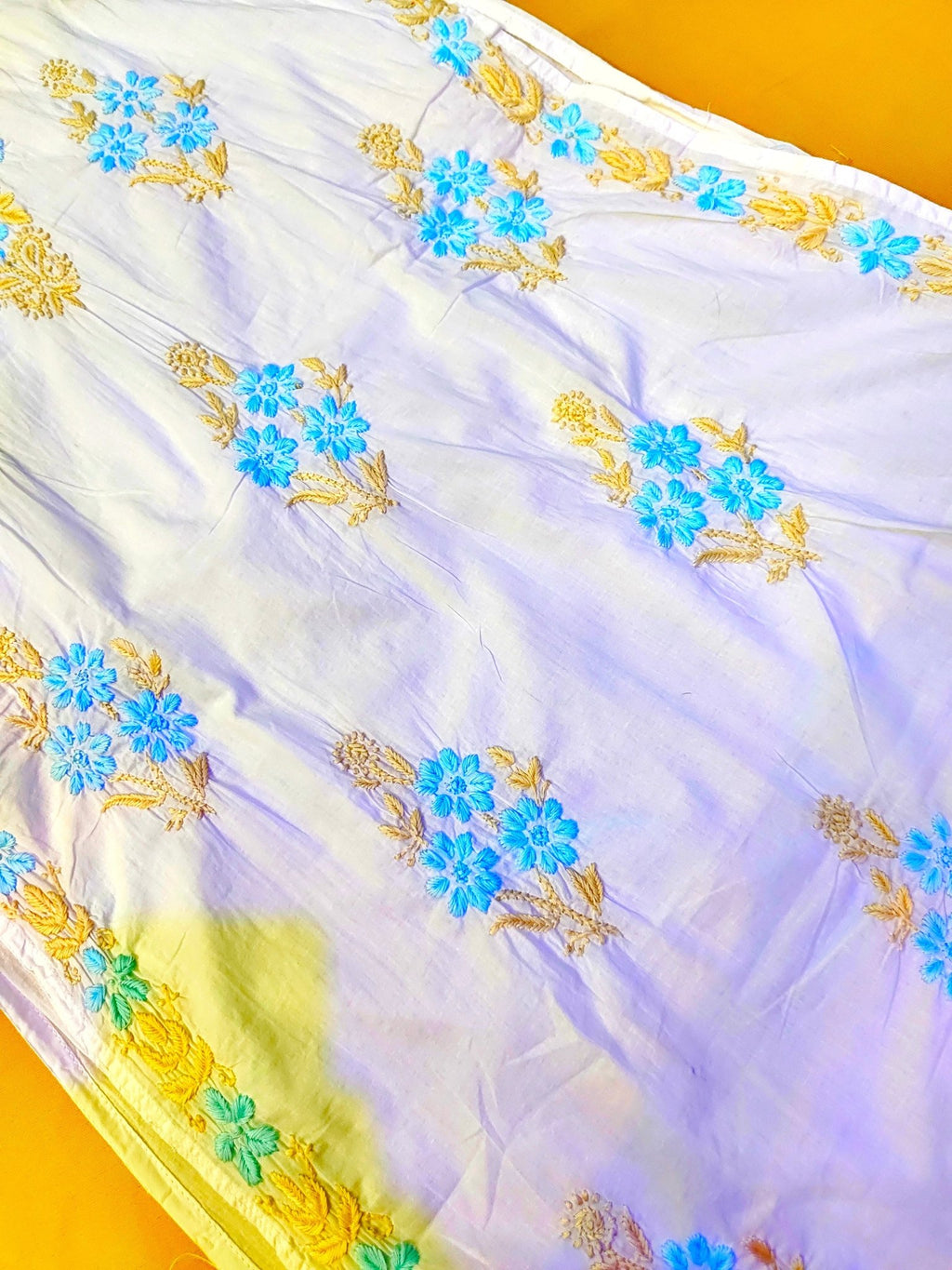 Mul Cotton Handcrafted Chikankari Kurta Straight Fit - Blue & Yellow - ADNEET