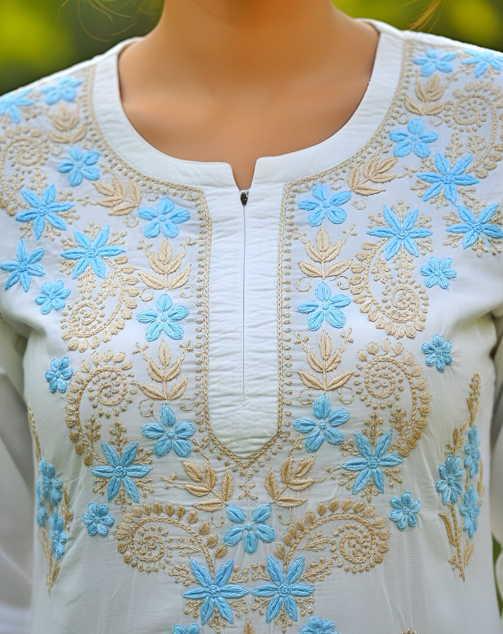 Mul Cotton Handcrafted Chikankari Kurta Straight Fit - Blue & Yellow - ADNEET