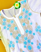 Mul Cotton Handcrafted Chikankari Kurta Straight Fit - Blue & Yellow - ADNEET