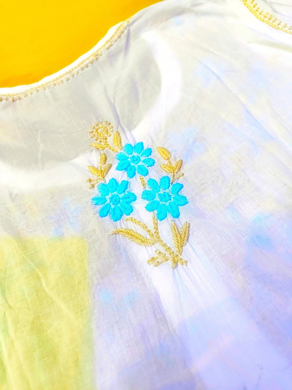 Mul Cotton Handcrafted Chikankari Kurta Straight Fit - Blue & Yellow - ADNEET