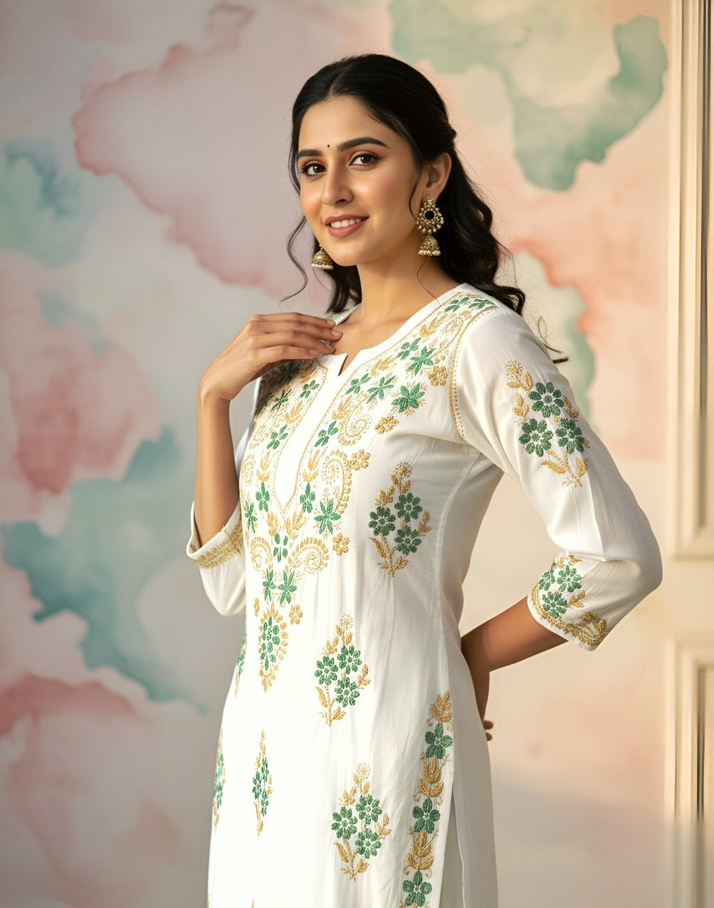 Mul Cotton Handcrafted Chikankari Kurta Straight Fit - Green & Yellow - ADNEET