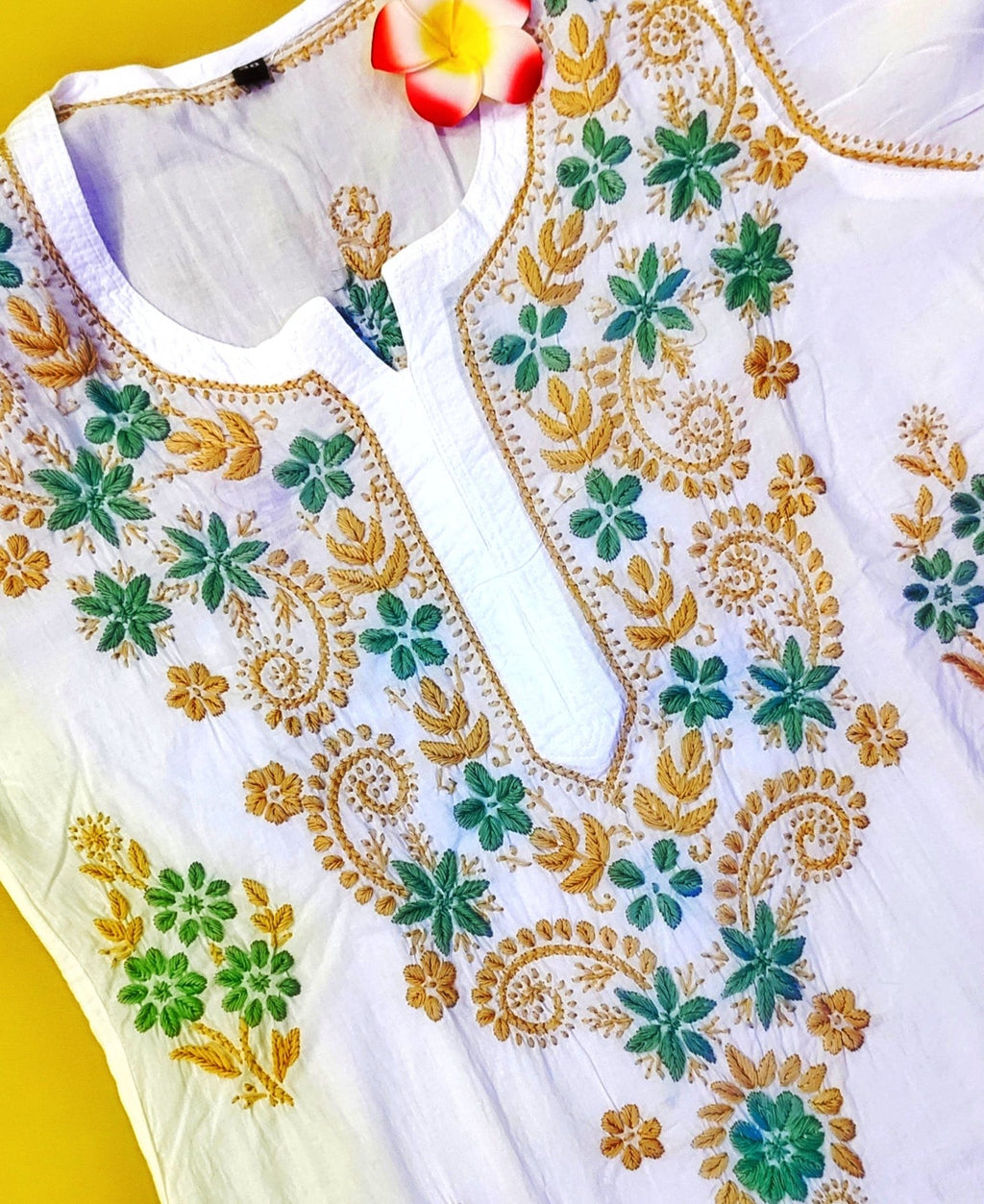 Mul Cotton Handcrafted Chikankari Kurta Straight Fit - Green & Yellow - ADNEET