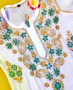Mul Cotton Handcrafted Chikankari Kurta Straight Fit - Green & Yellow - ADNEET