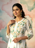 Mul Cotton Handcrafted Chikankari Kurta Straight Fit - Green & Yellow - ADNEET
