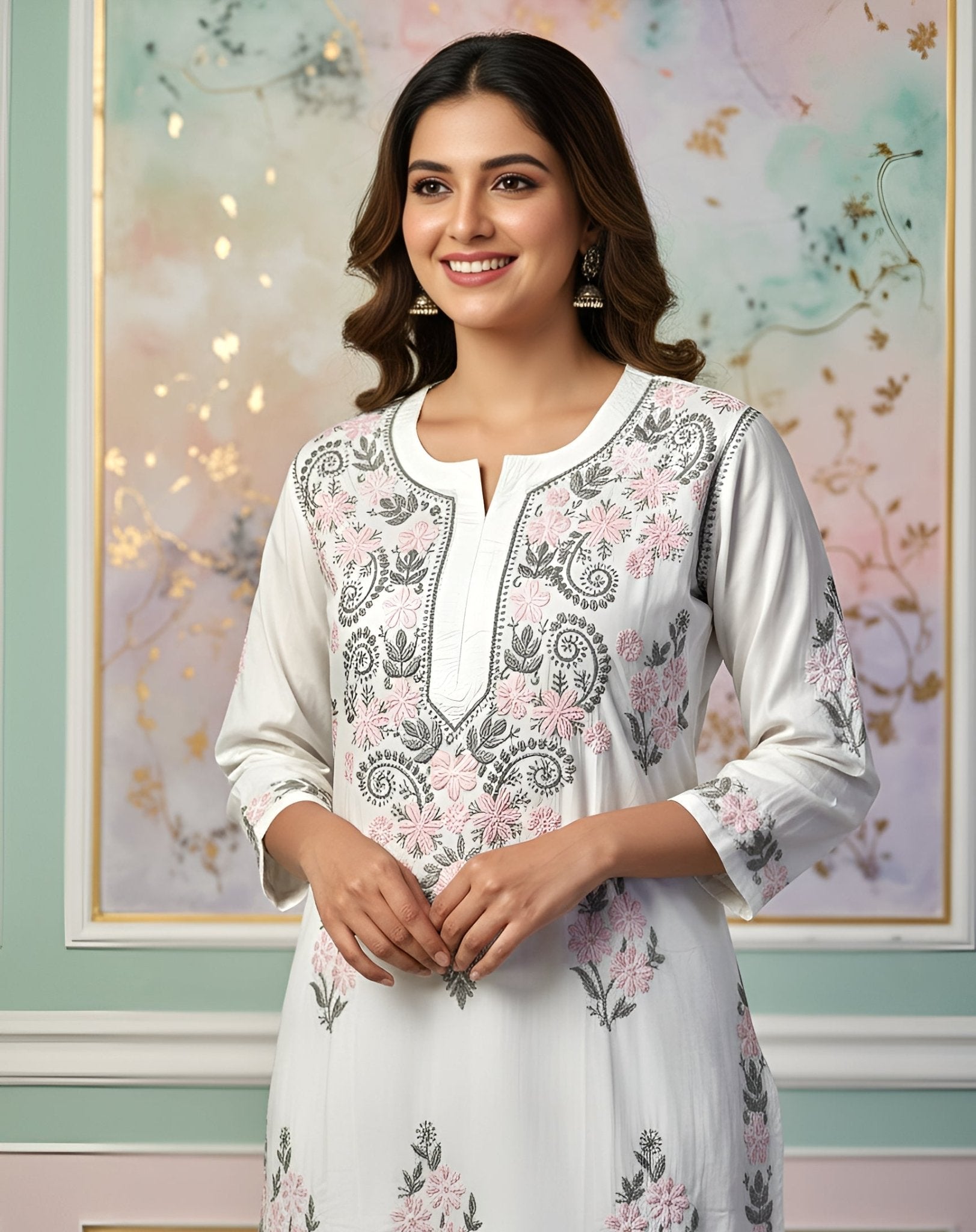 Mul Cotton Handcrafted Chikankari Kurta Straight Fit - Pink & Grey - ADNEET