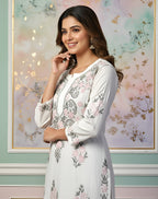 Mul Cotton Handcrafted Chikankari Kurta Straight Fit - Pink & Grey - ADNEET