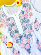 Mul Cotton Handcrafted Chikankari Kurta Straight Fit - Pink & Grey - ADNEET
