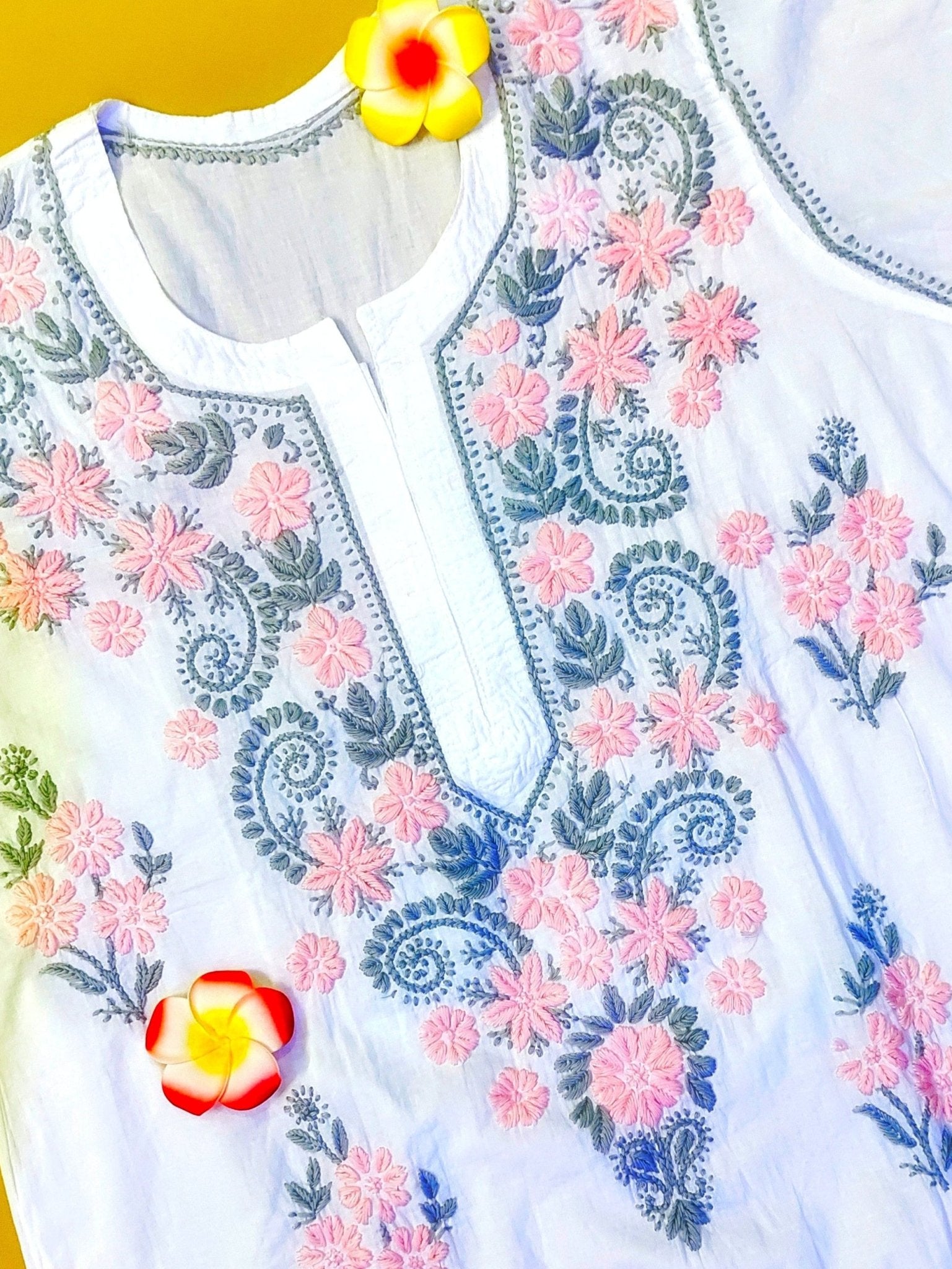 Mul Cotton Handcrafted Chikankari Kurta Straight Fit - Pink & Grey - ADNEET