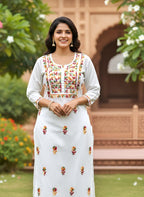 Mul Cotton Handcrafted Chikankari Kurta Straight Fit -  White with Multicolor Thread Embroidery - ADNEET