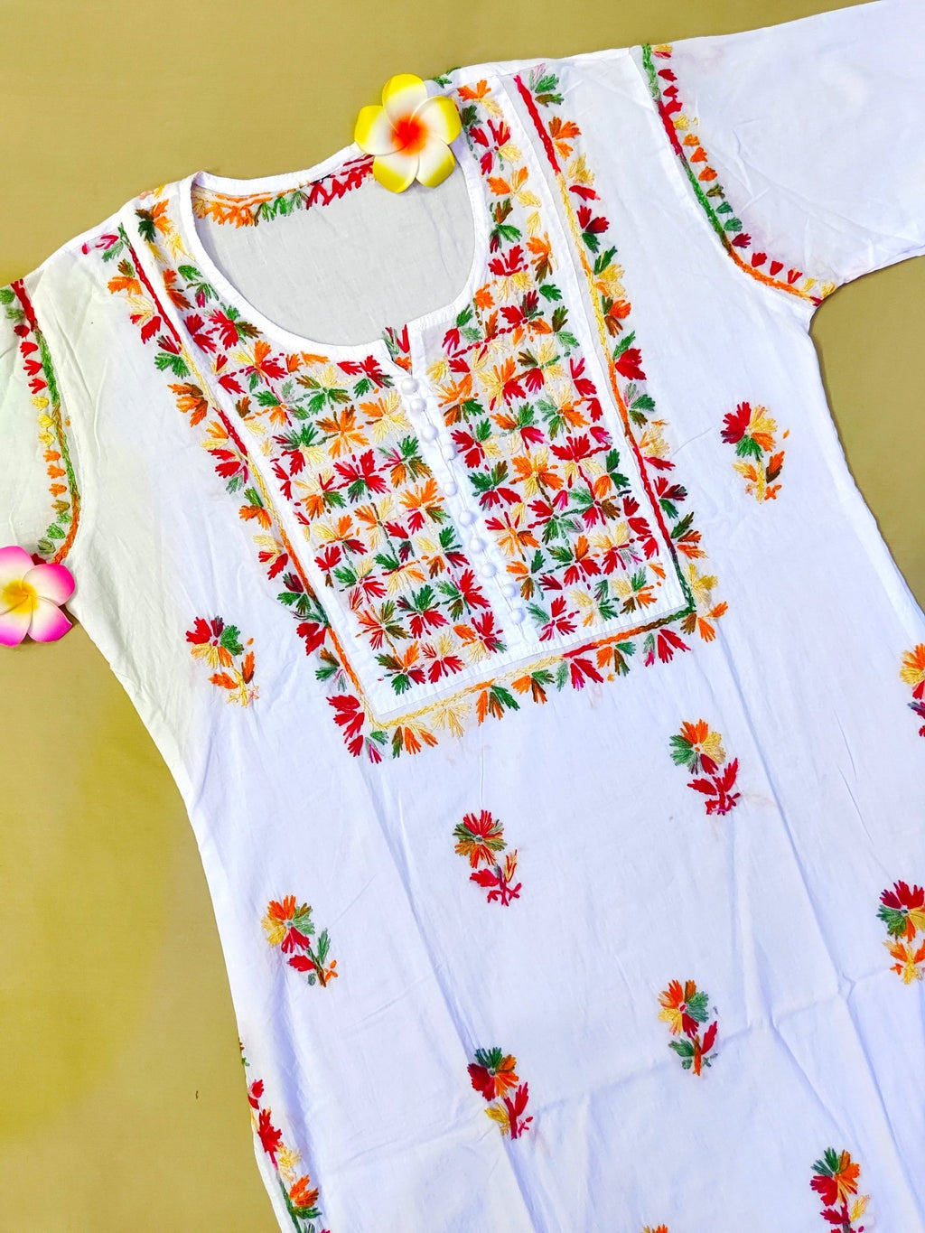 Mul Cotton Handcrafted Chikankari Kurta Straight Fit -  White with Multicolor Thread Embroidery - ADNEET