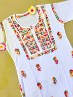 Mul Cotton Handcrafted Chikankari Kurta Straight Fit -  White with Multicolor Thread Embroidery - ADNEET
