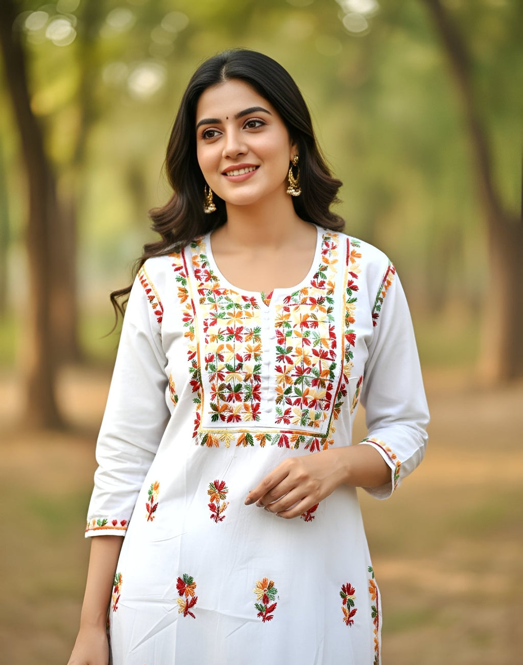 Mul Cotton Handcrafted Chikankari Kurta Straight Fit -  White with Multicolor Thread Embroidery - ADNEET