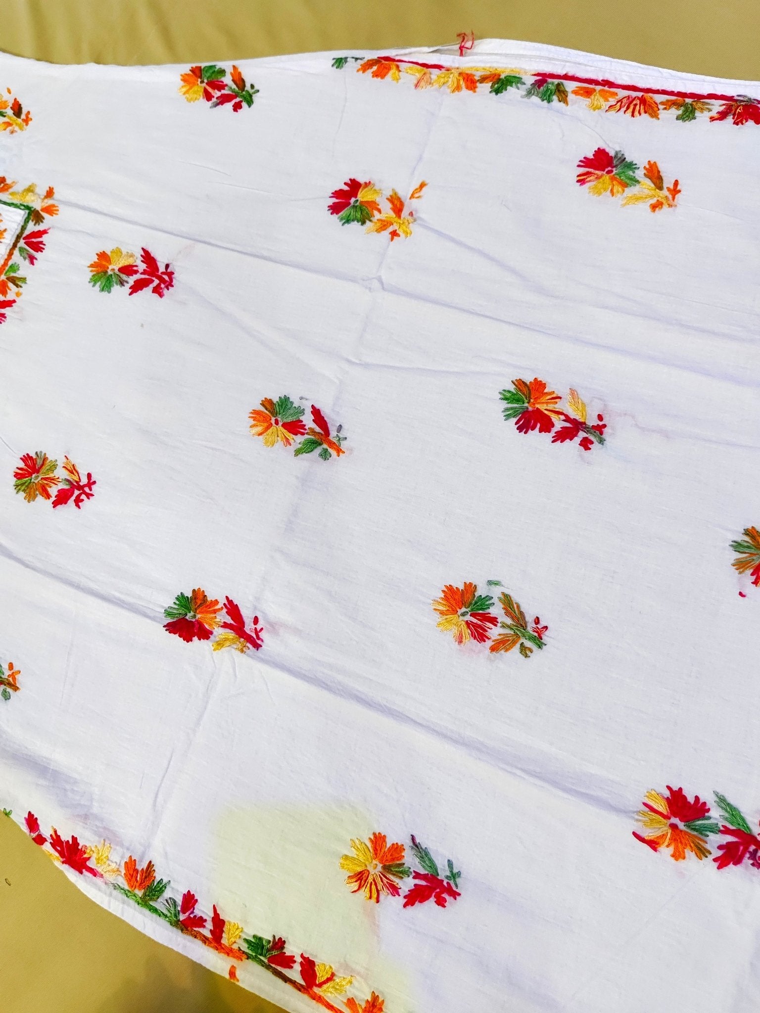 Mul Cotton Handcrafted Chikankari Kurta Straight Fit -  White with Multicolor Thread Embroidery - ADNEET