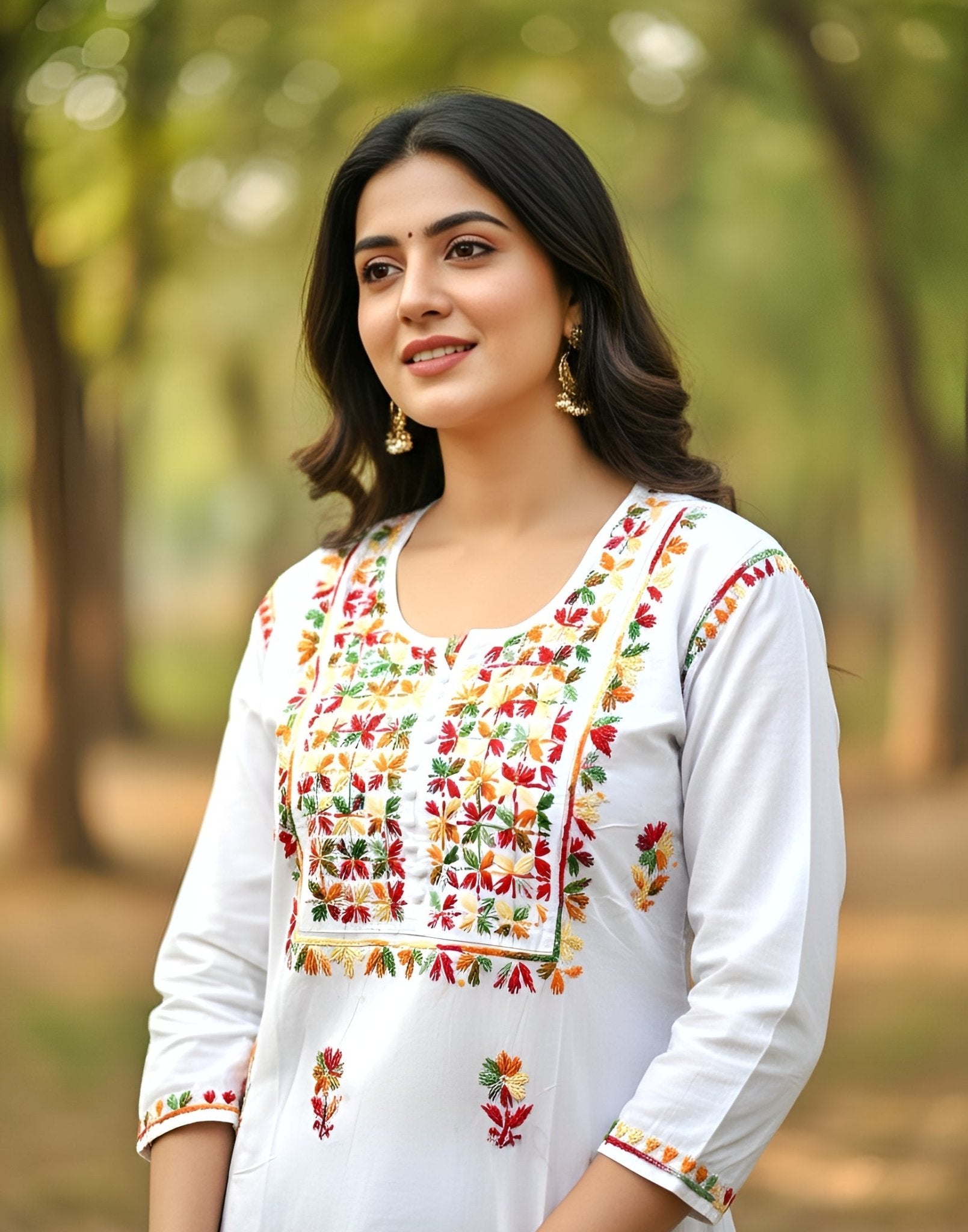 Mul Cotton Handcrafted Chikankari Kurta Straight Fit -  White with Multicolor Thread Embroidery - ADNEET