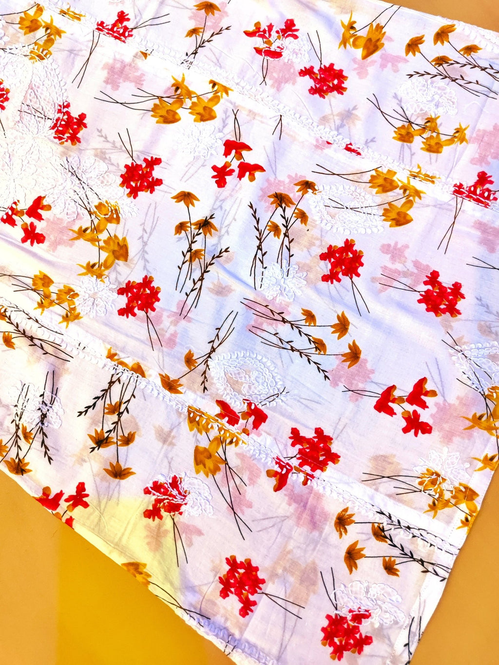 Mulmul Cotton Handcrafted Chikankari Floral Print Short Kurta - White & Red - ADNEET