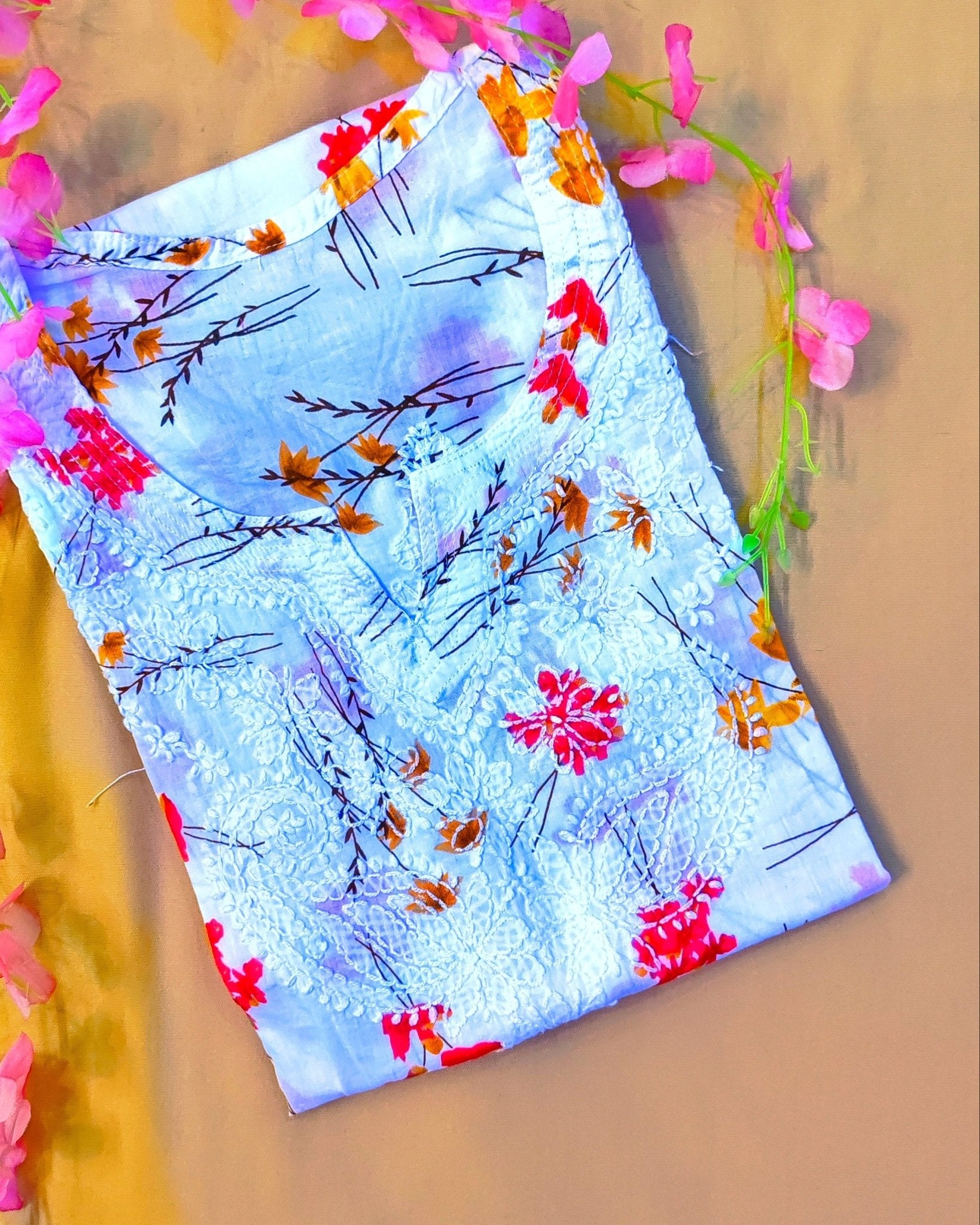 Mulmul Cotton Handcrafted Chikankari Floral Print Short Kurta - White & Red - ADNEET