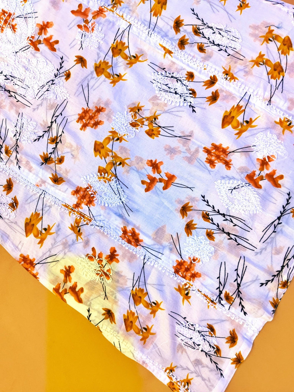 Mulmul Cotton Handcrafted Chikankari Floral Print Short Kurta - White & Yellow - ADNEET