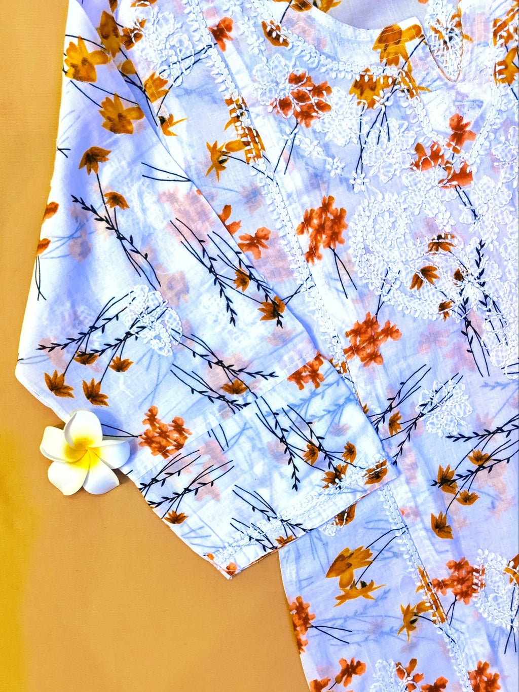 Mulmul Cotton Handcrafted Chikankari Floral Print Short Kurta - White & Yellow - ADNEET