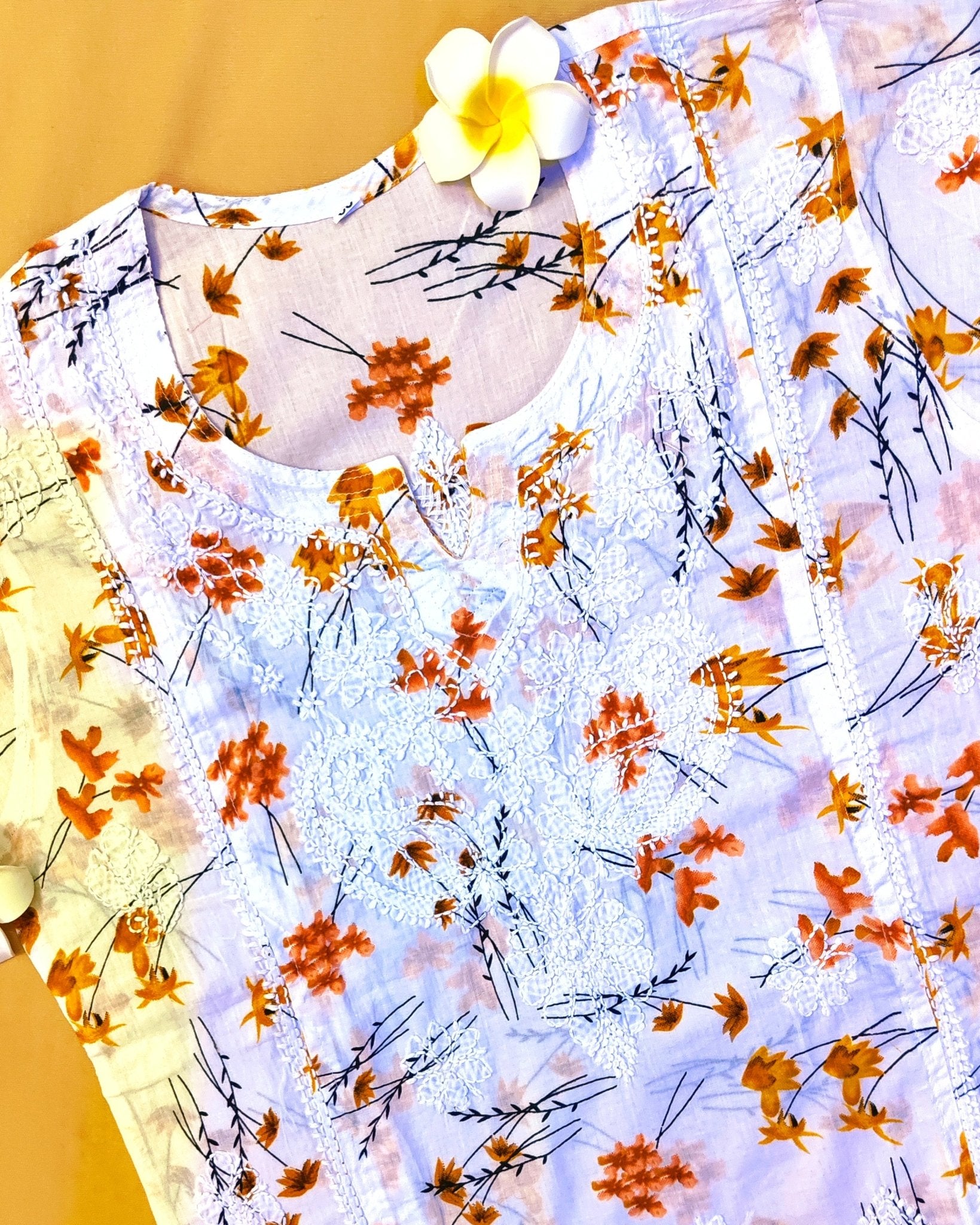 Mulmul Cotton Handcrafted Chikankari Floral Print Short Kurta - White & Yellow - ADNEET