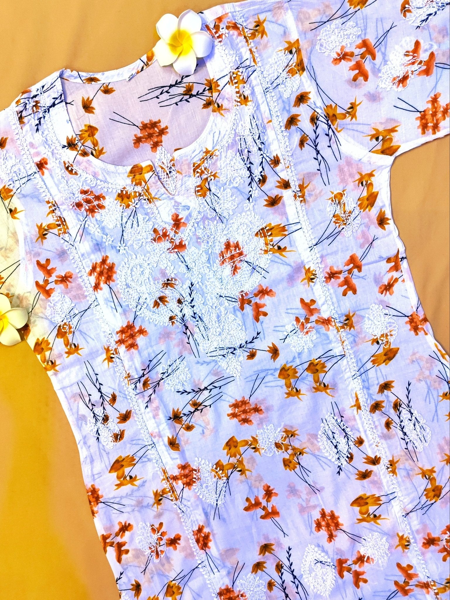 Mulmul Cotton Handcrafted Chikankari Floral Print Short Kurta - White & Yellow - ADNEET