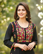 Pure Cotton Handcrafted Chikankari Kurta Straight Fit -  Black with Multicolor Thread Embroidery - ADNEET