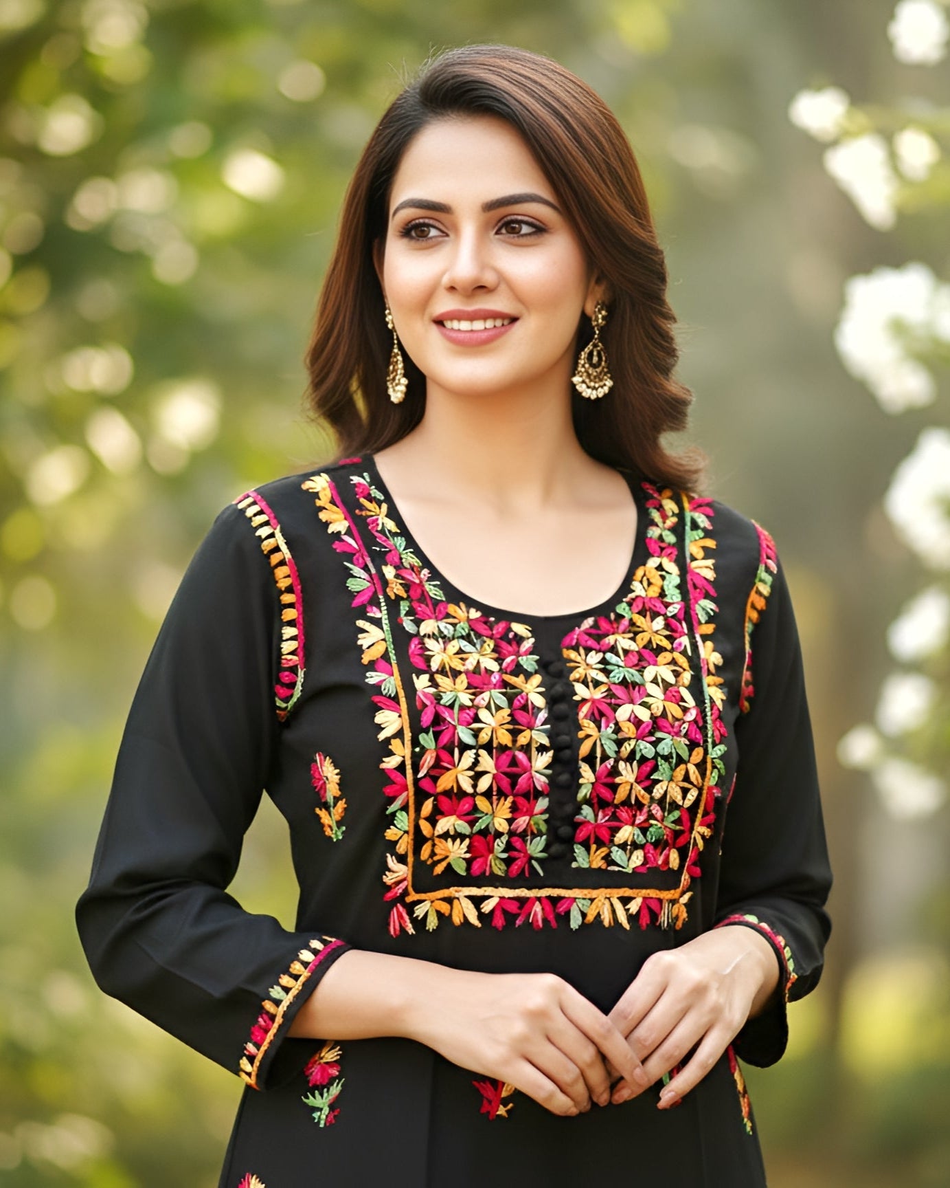 Pure Cotton Handcrafted Chikankari Kurta Straight Fit -  Black with Multicolor Thread Embroidery - ADNEET