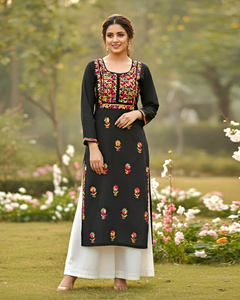 Pure Cotton Handcrafted Chikankari Kurta Straight Fit -  Black with Multicolor Thread Embroidery - ADNEET