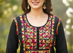 Pure Cotton Handcrafted Chikankari Kurta Straight Fit -  Black with Multicolor Thread Embroidery - ADNEET