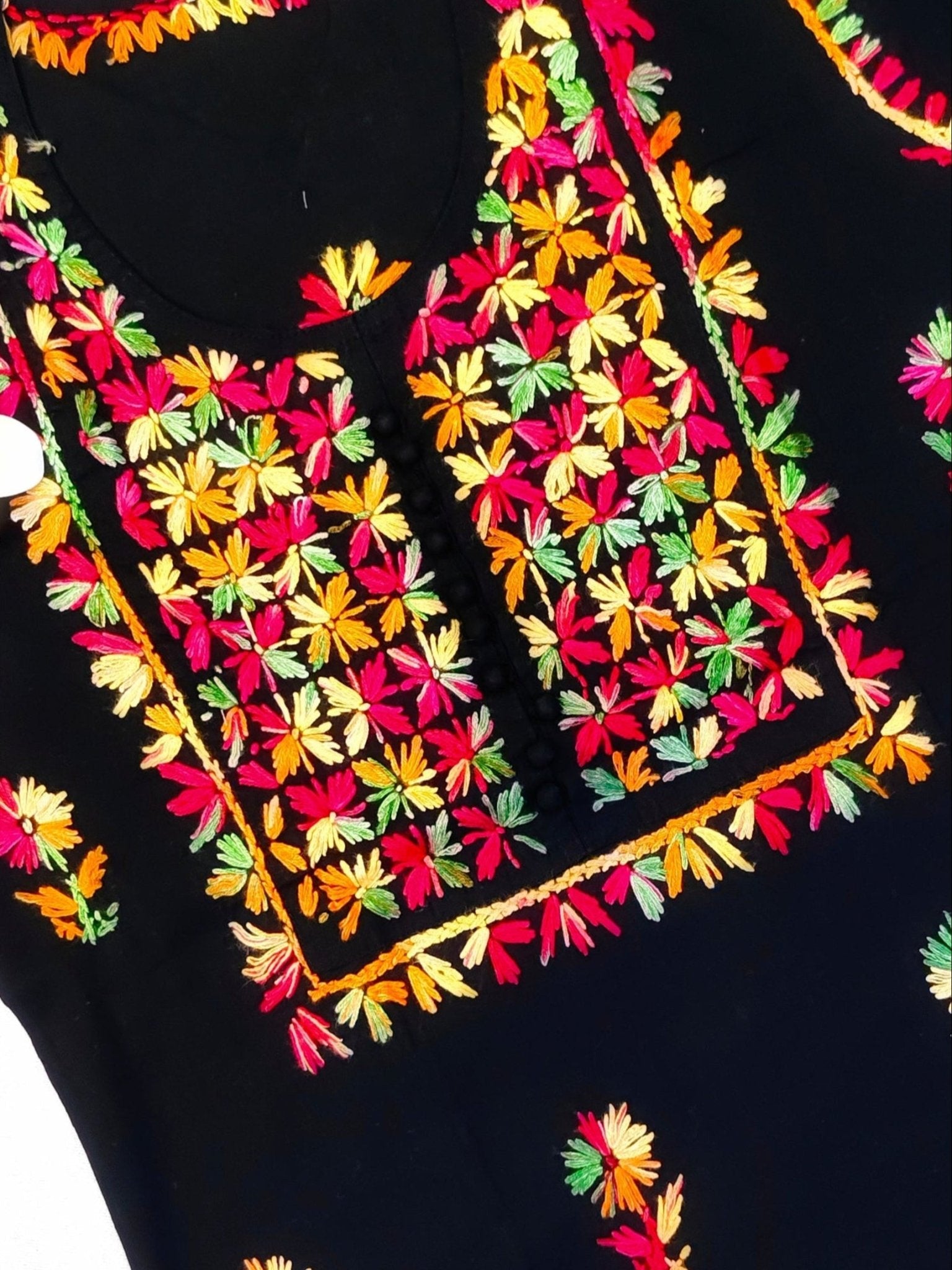 Pure Cotton Handcrafted Chikankari Kurta Straight Fit -  Black with Multicolor Thread Embroidery - ADNEET
