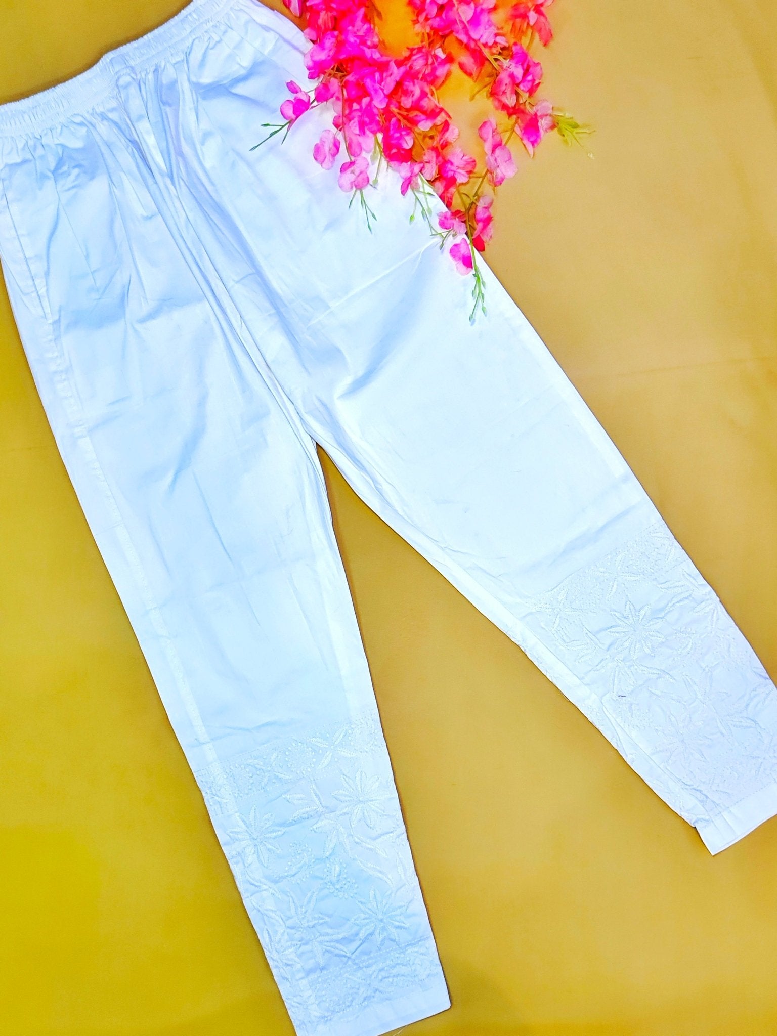 Pure Cotton Stretchable Embroidered Pant - White - ADNEET