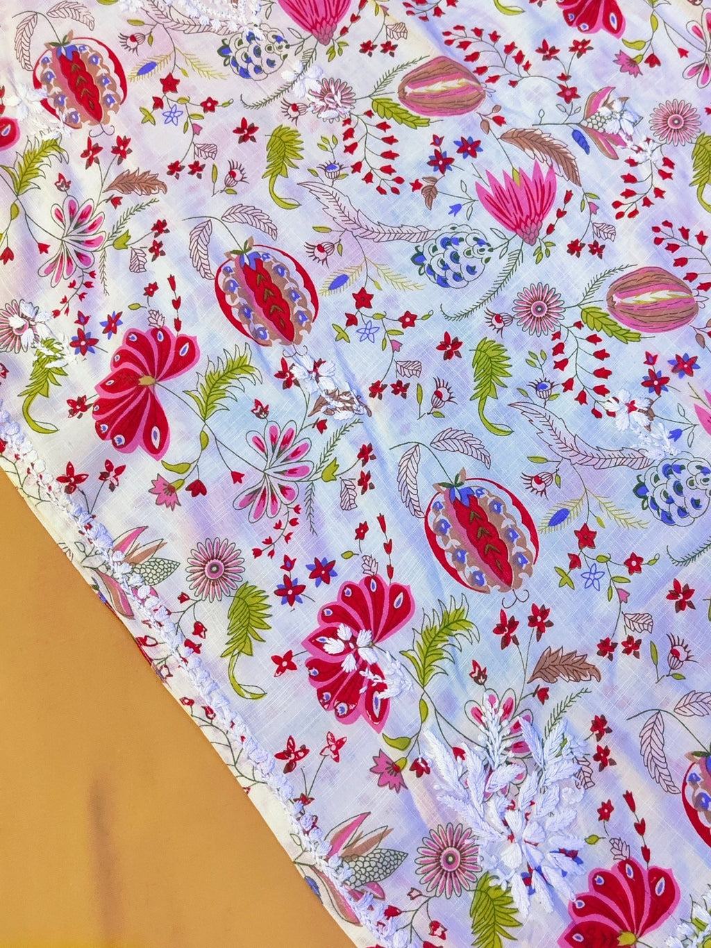 Rayon Handcrafted Chikankari Floral Print Kurta and Palazzo Set - White & Pink - ADNEET