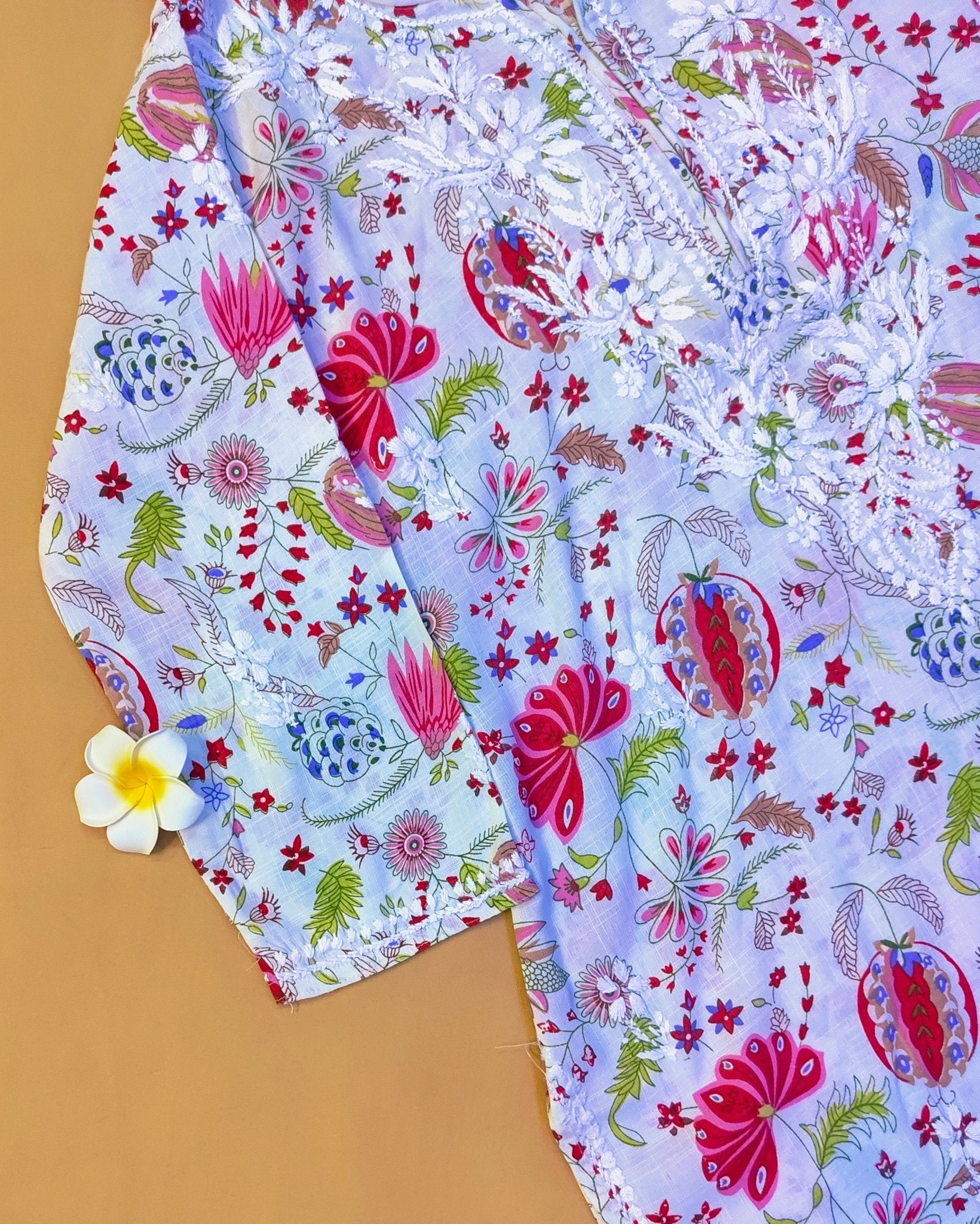 Rayon Handcrafted Chikankari Floral Print Kurta and Palazzo Set - White & Pink - ADNEET