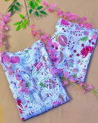 Rayon Handcrafted Chikankari Floral Print Kurta and Palazzo Set - White & Pink - ADNEET