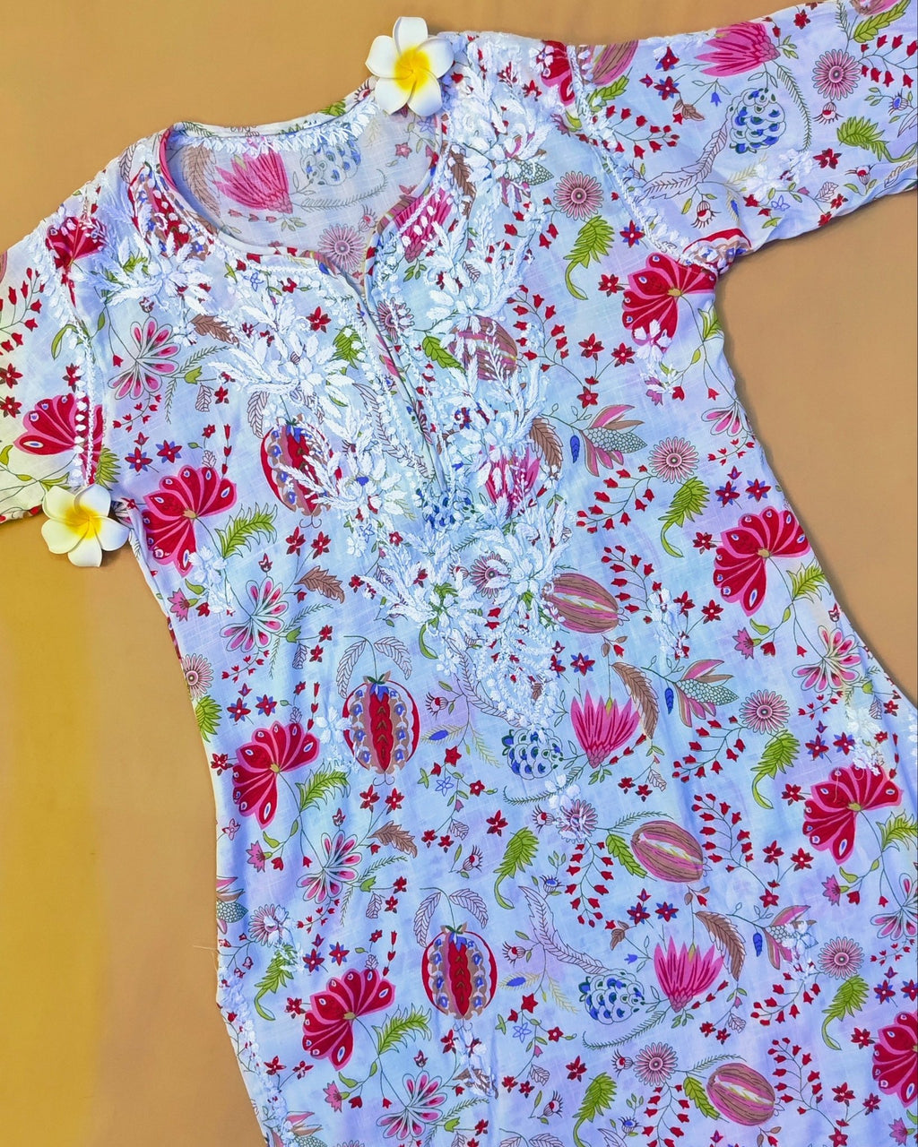 Rayon Handcrafted Chikankari Floral Print Kurta and Palazzo Set - White & Pink - ADNEET