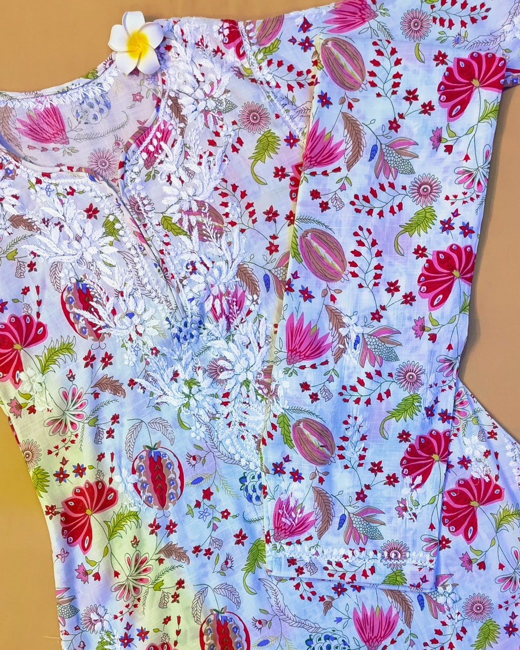 Rayon Handcrafted Chikankari Floral Print Kurta and Palazzo Set - White & Pink - ADNEET