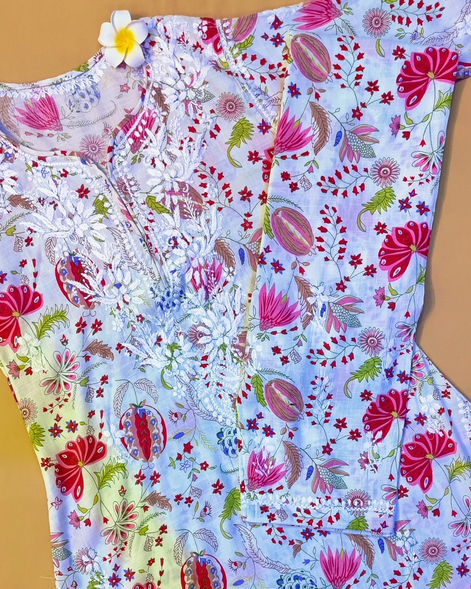 Rayon Handcrafted Chikankari Floral Print Kurta and Palazzo Set - White & Pink - ADNEET