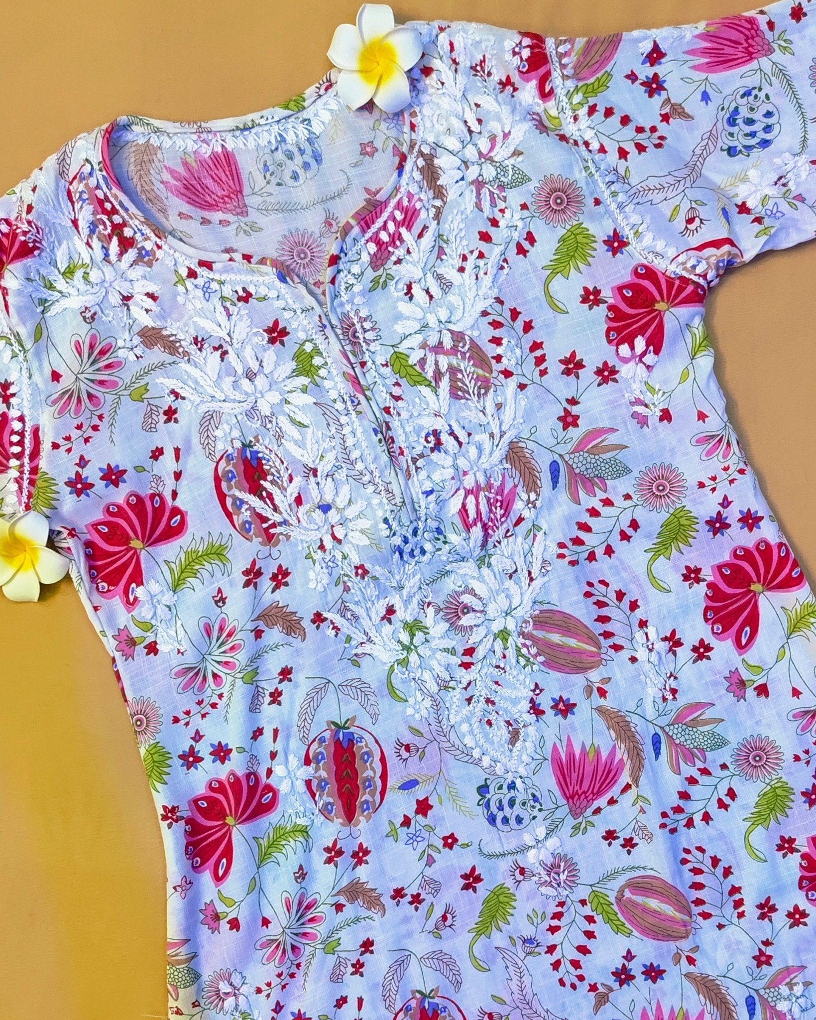 Rayon Handcrafted Chikankari Floral Print Kurta and Palazzo Set - White & Pink - ADNEET